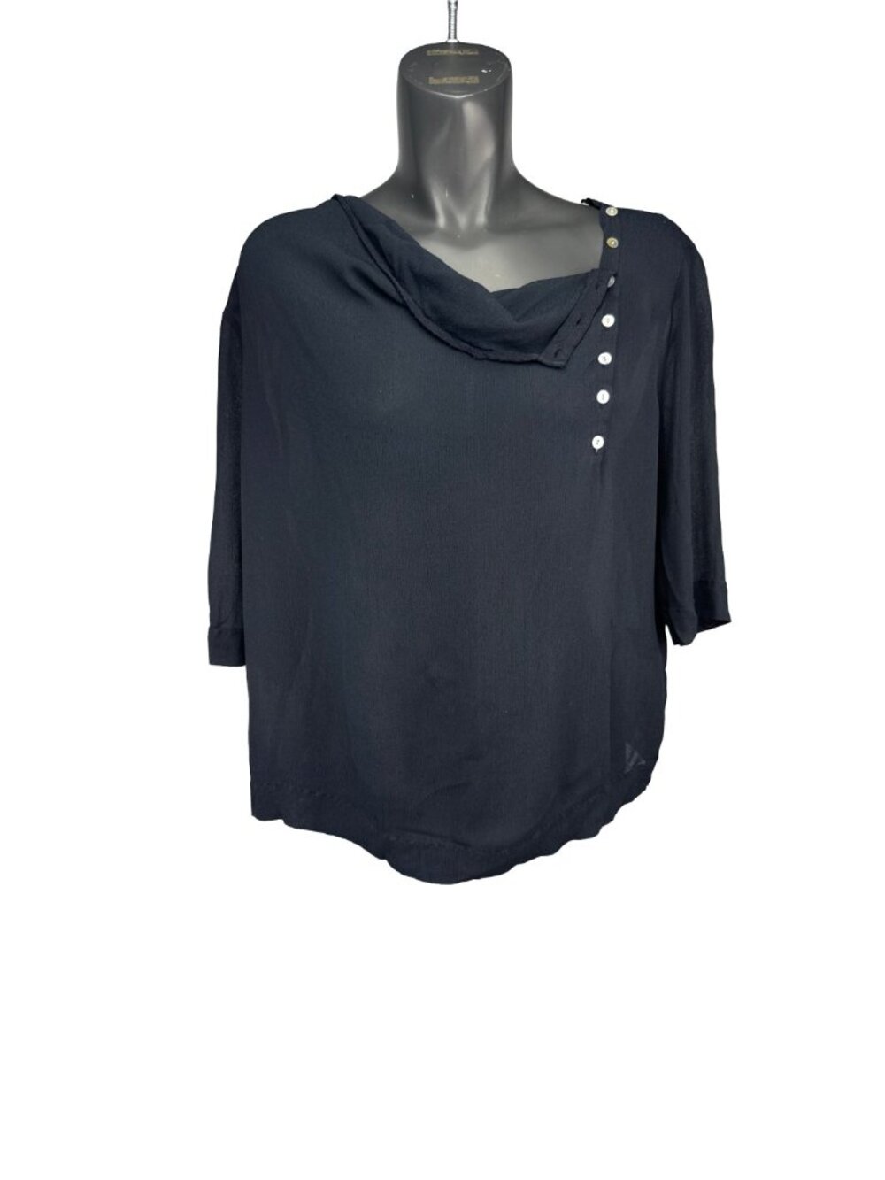 BA&SH Cowl Neck Asymmetrical Button Detail Black Chiffon Short Sleeve Top Size 3